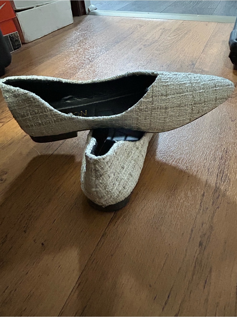 Textured Beige Pointed-Toe Women's Flats